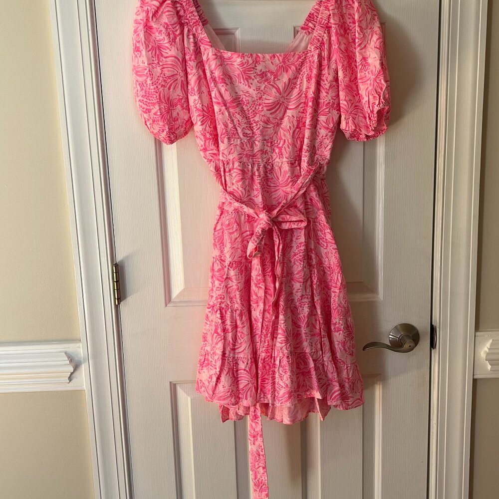 Lilly Pulitzer Iralee Tiered Dress Short Sleeve Pink Wrap Dress Women's 10 ~ NWT